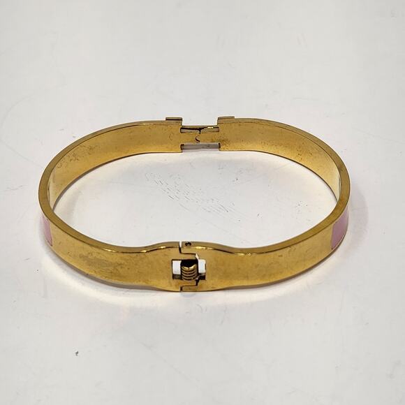 Pink Enamel Gold Tone Oval Clamper Hinge Bracelet Layer Stack Pastel Jewelry - Picture 4 of 5